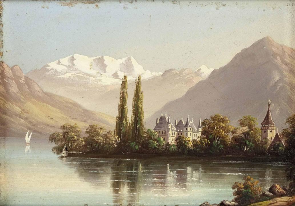 Schloss Schadau am Thunersee, vintage artwork by Hubert Sattler, A3 (16x12") Poster Print