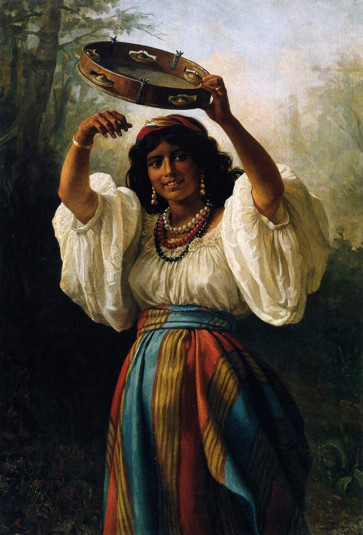 Gypsy with a Tambourine, vintage artwork by Khariton Platonov, 12x8" (A4) Poster