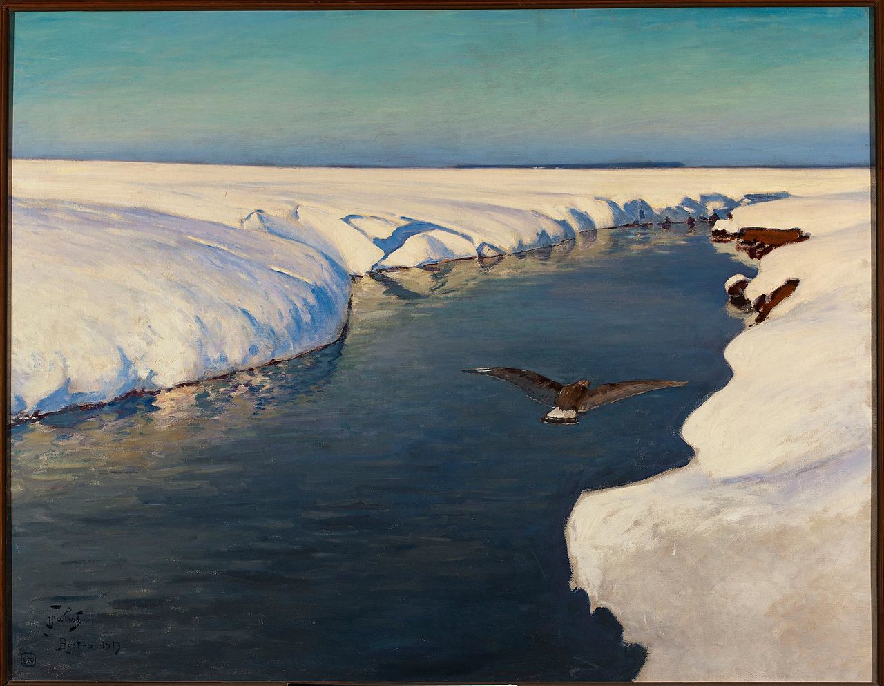Winter Landscape with the River and the Bird, vintage artwork by Julian Falat, 12x8" (A4) Poster