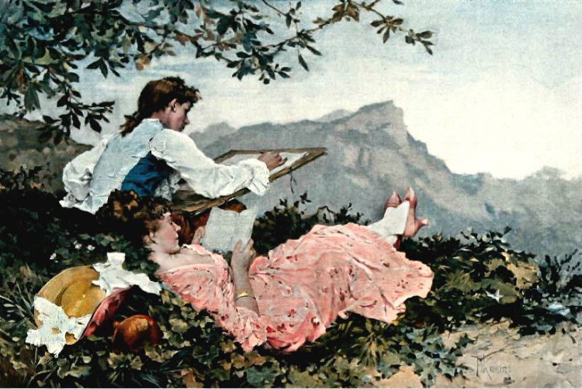 A young man sketching with a reclining woman reading, vintage artwork by Frederik Henrdik Kaemmerer, 12x8" (A4) Poster