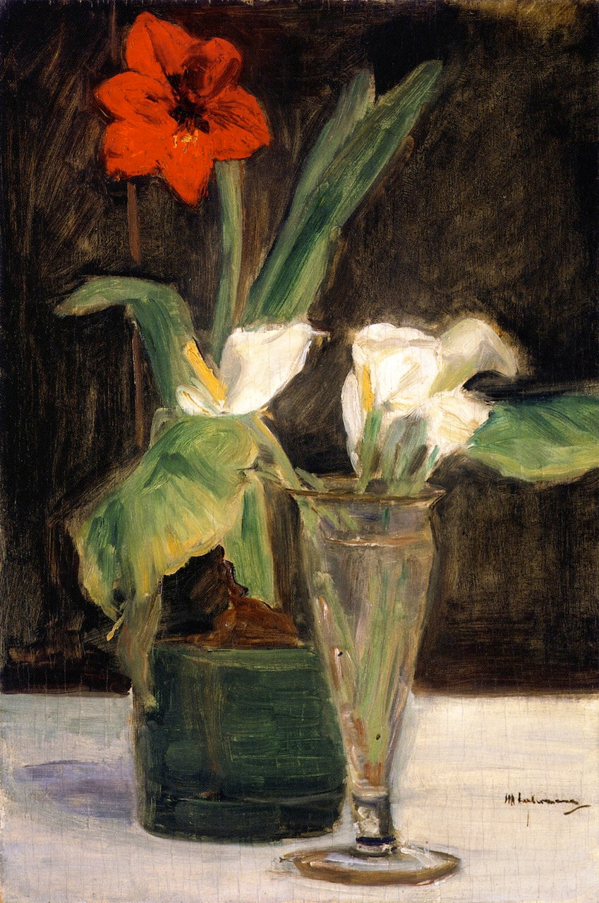 Floral Piece - Amaryllis and Calla Lilies in a Glass Vase, vintage artwork by Max Liebermann, 12x8" (A4) Poster