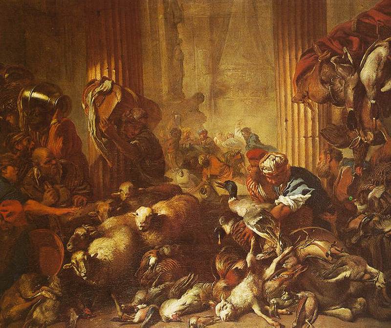 Christ Chasing the Moneylenders from the Temple, vintage artwork by Giovanni Castiglione, 12x8" (A4) Poster
