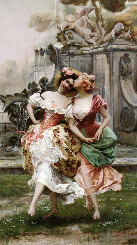 Young Girls Dancing by a Fountain, vintage artwork by Gioacchino Pagliei, 12x8" (A4) Poster