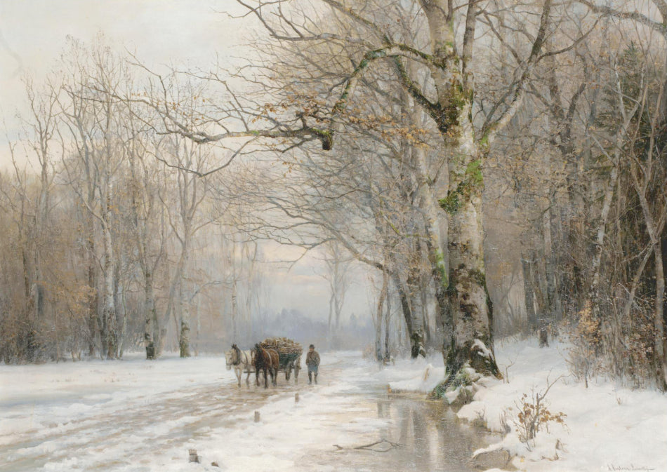 Winter Landscape with a Horse-Drawn Cart, vintage artwork by Anders Anderson-Lundby , 12x8" (A4) Poster