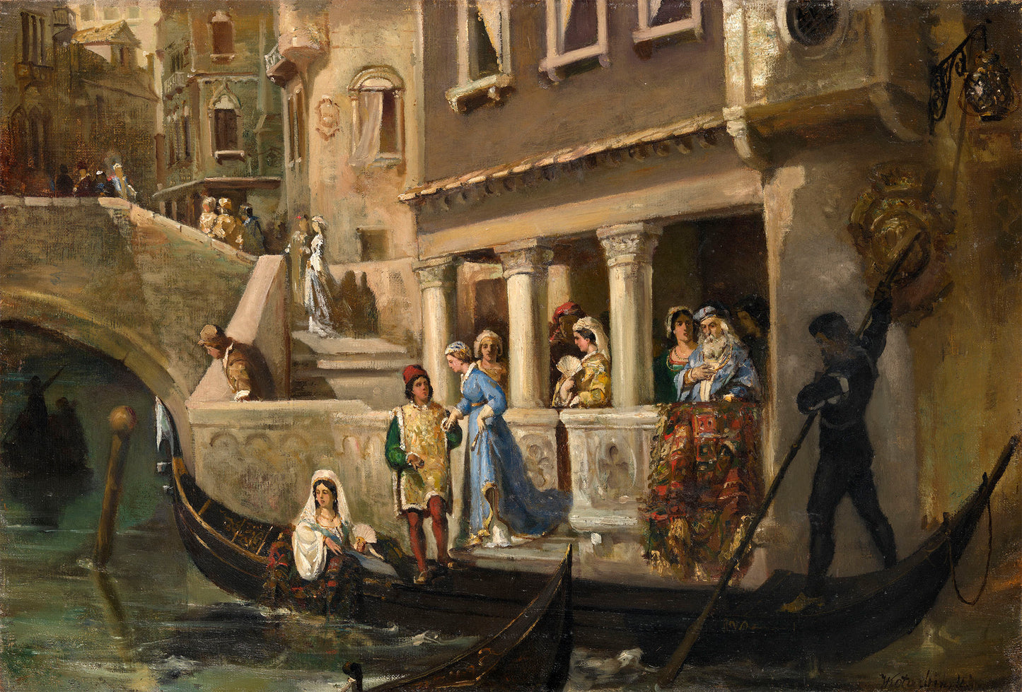 Dignitaries Boarding a Gondola on a Venetian Backwater, vintage artwork by Wilhelm Kotarbinski, 12x8" (A4) Poster