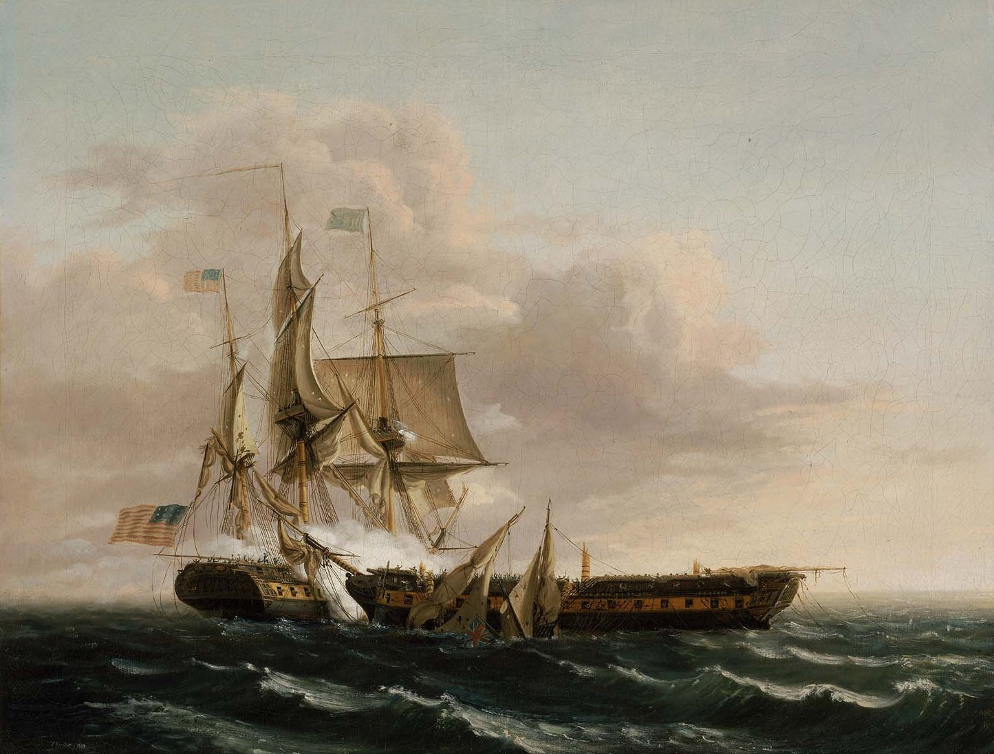 Engagement Between the "Constitution" and the "Guerrière", vintage artwork by Thomas Birch, 12x8" (A4) Poster