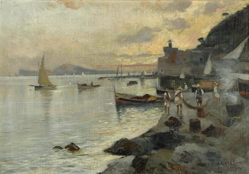 Fishermen on the Shore at Sunset, vintage artwork by Edwin Austin Abbey, 12x8" (A4) Poster