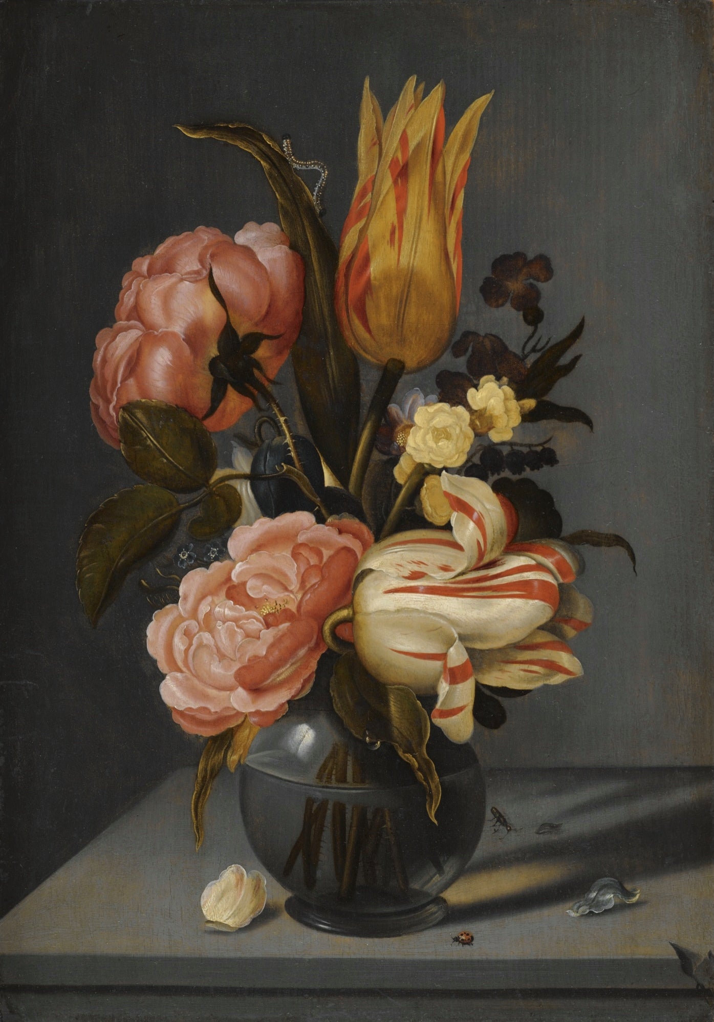 Still Life with Tulips, Roses, Marigolds and other Flowers, in a Glass Vase, vintage artwork by Ambrosius Bosschaert the Younger, 12x8" (A4) Poster