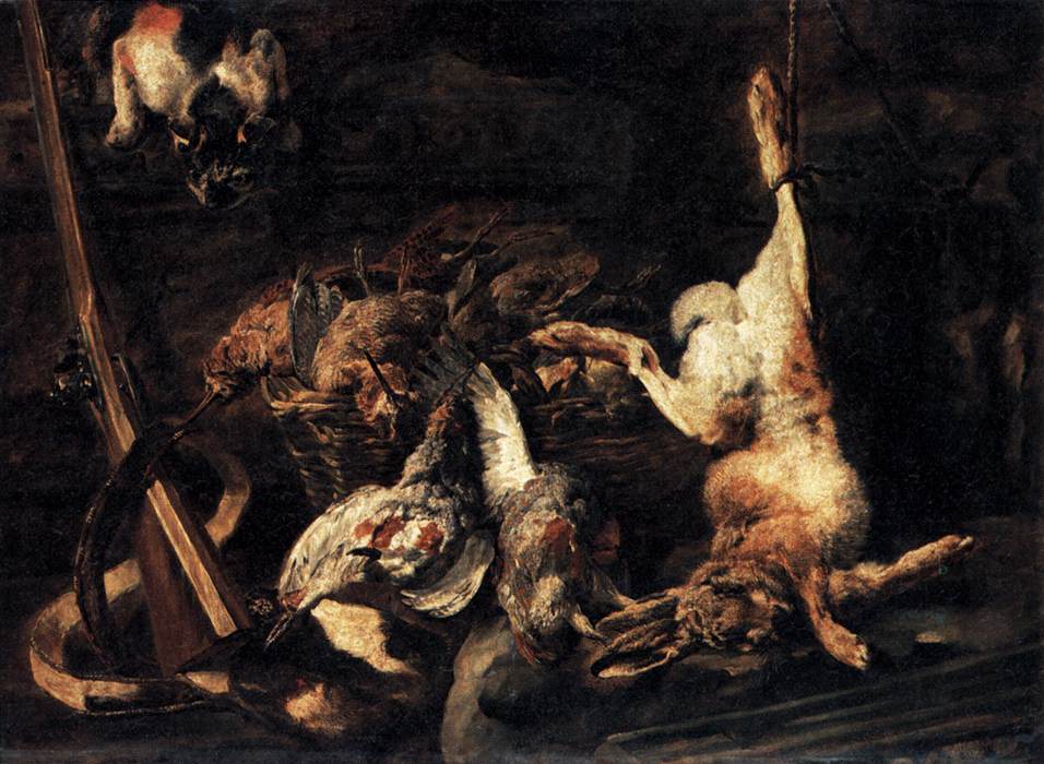 Game and Hunting Gear Discovered by a Cat, vintage artwork by Jan Fyt, 12x8" (A4) Poster