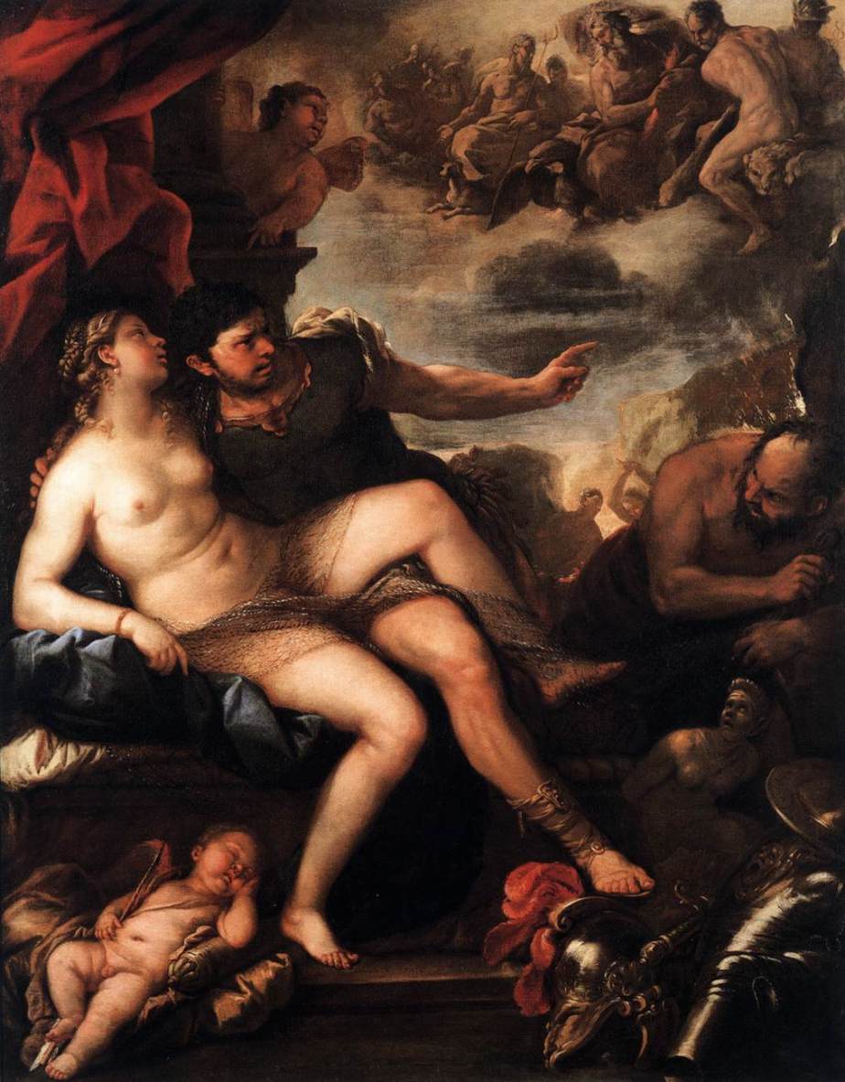 Mars and Venus Caught by Vulcan, vintage artwork by Luca Giordano, 12x8" (A4) Poster
