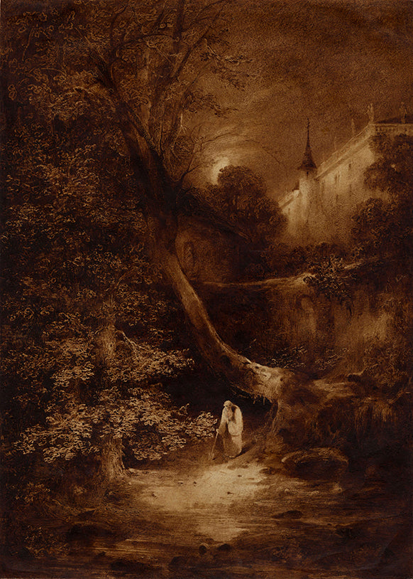 Moonlit Landscape with a Monk on a Wooded Path with a Palace in the Background, vintage artwork by Julius Elsasser, A3 (16x12") Poster Print
