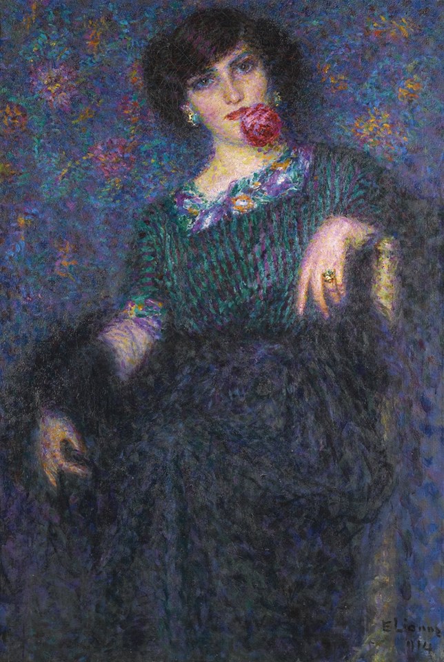 Lady with a rose, vintage artwork by Enrico Lionne, 12x8" (A4) Poster