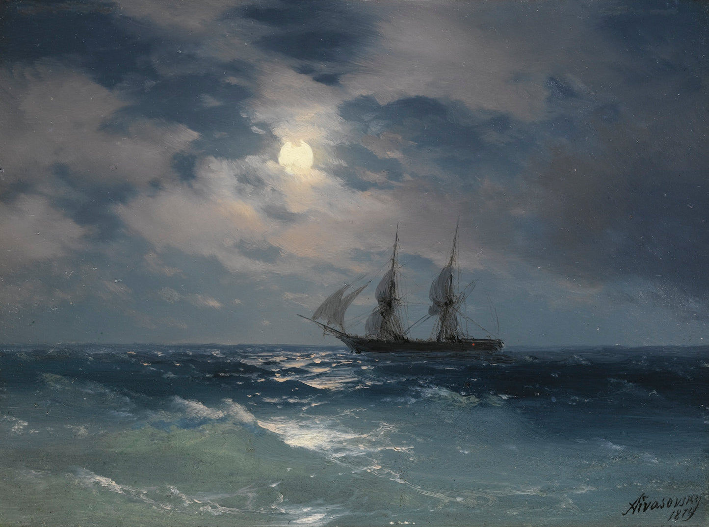 Brig Mercury on a Moonlit Night, vintage artwork by Ivan Constantinovich Aivazovsky, A3 (16x12") Poster Print
