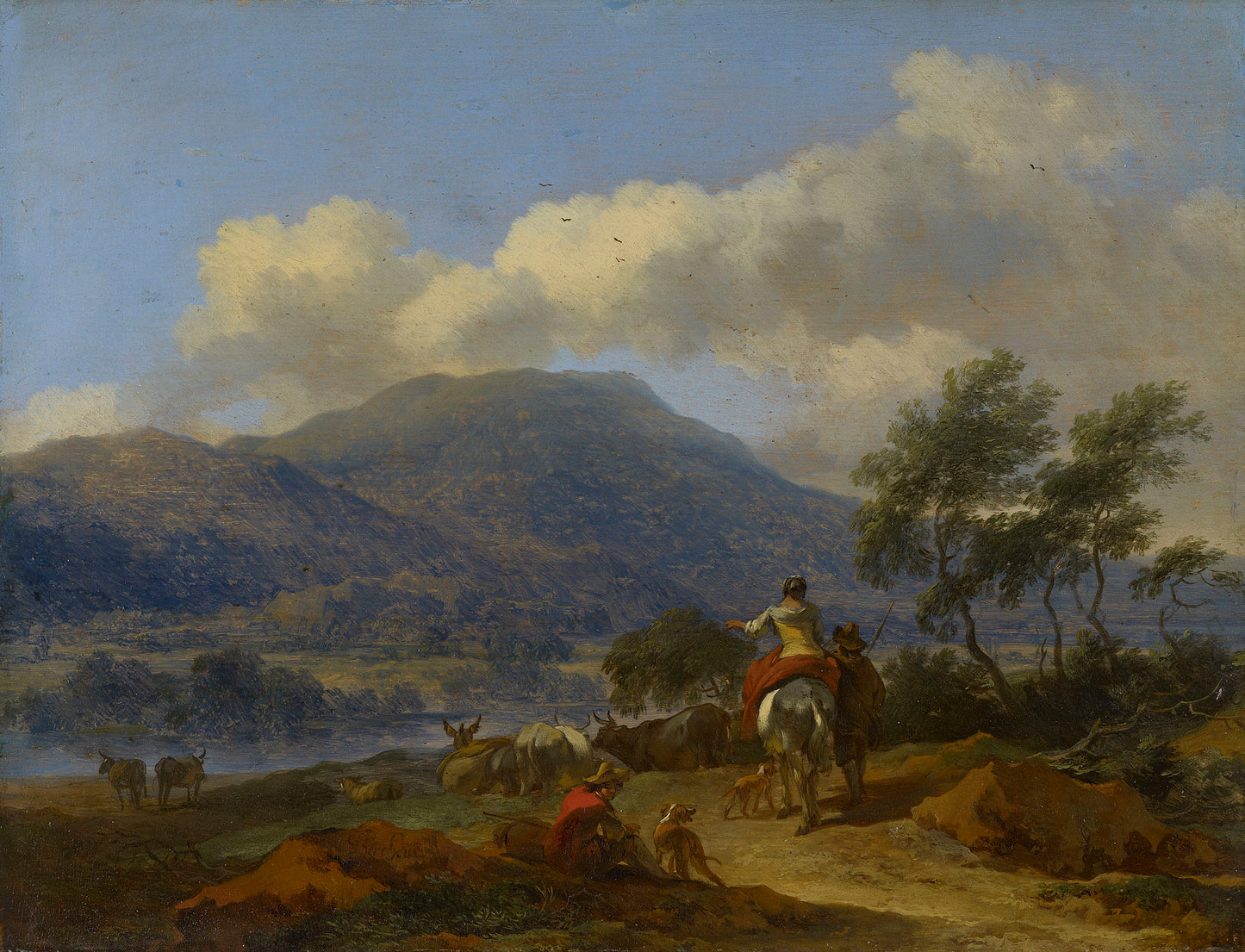 Mountainous Landscape with Two Shepherds, a Shepherdess and Cattle, vintage artwork by Nicolaes Berchem, 12x8" (A4) Poster