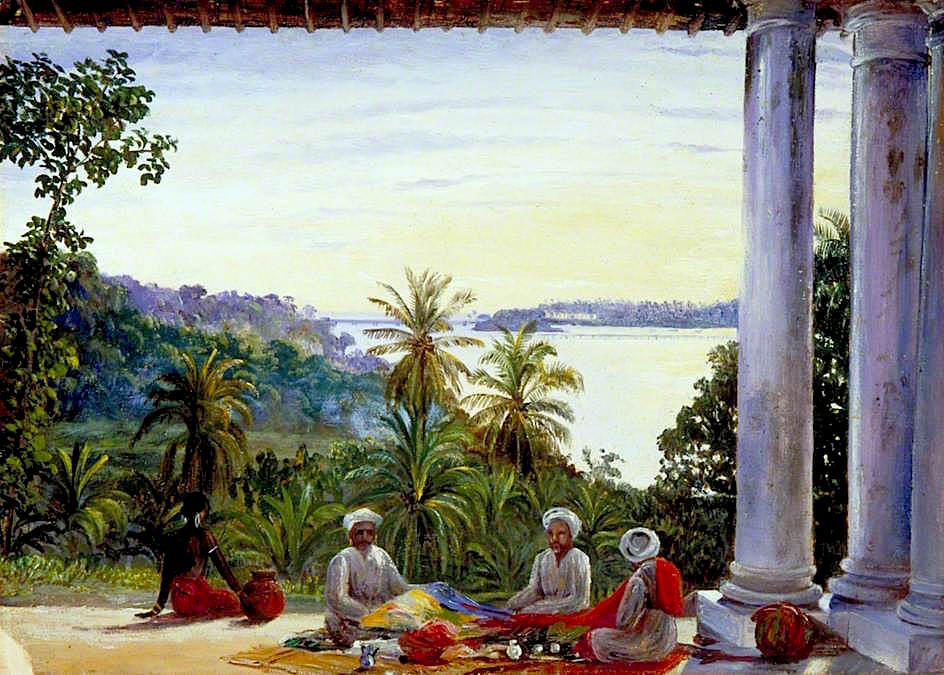 Bombay Pedlars in Mrs Cameron's Verandah, Kalutera, Ceylon, vintage artwork by Marianne North, 12x8" (A4) Poster