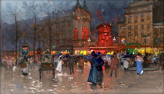 The Moulin Rouge, Evening, vintage artwork by Eugene Galien-Laloue, 12x8" (A4) Poster