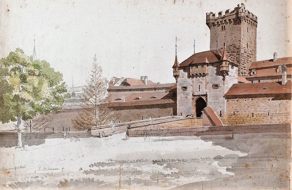 Golatenmattgasstor with the Old Bear Moat in Bern, vintage artwork by Johannes Jakob Biedermann, 12x8" (A4) Poster