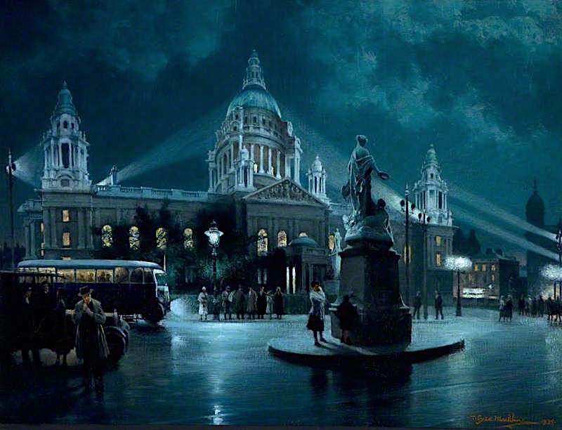 City Hall, Belfast, by Floodlight, vintage artwork by Thomas Eyre Macklin, 12x8" (A4) Poster