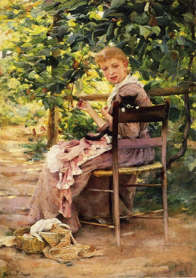 Sewing in the Garden, vintage artwork by Francis Coates Jones, 12x8" (A4) Poster
