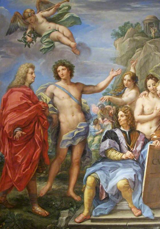 Marchese Niccolò Maria Pallavicini Guided to the Temple of Virtue by Apollo, with Self Portrait, vintage artwork by Carlo Maratta, 12x8" (A4) Poster