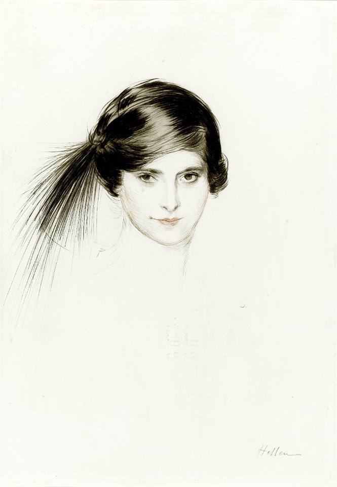 Head of Helena Rubinstein with egret feathers, vintage artwork by Paul Cesar Helleu, 12x8" (A4) Poster