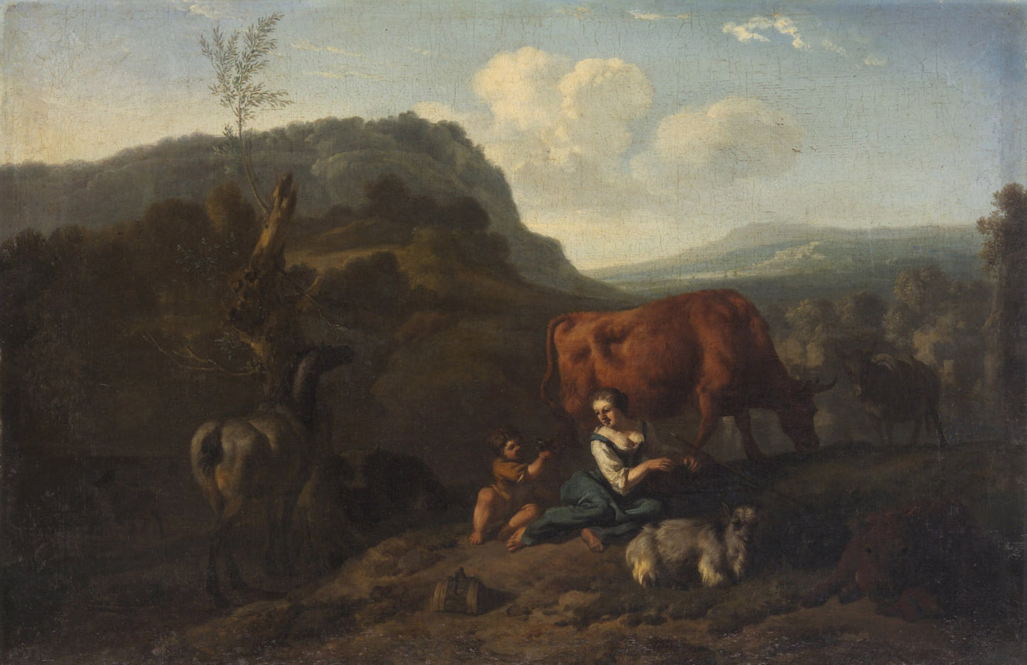 Landscape with Shepherdess and Herd, vintage artwork by Dirck van den Bergen, 12x8" (A4) Poster