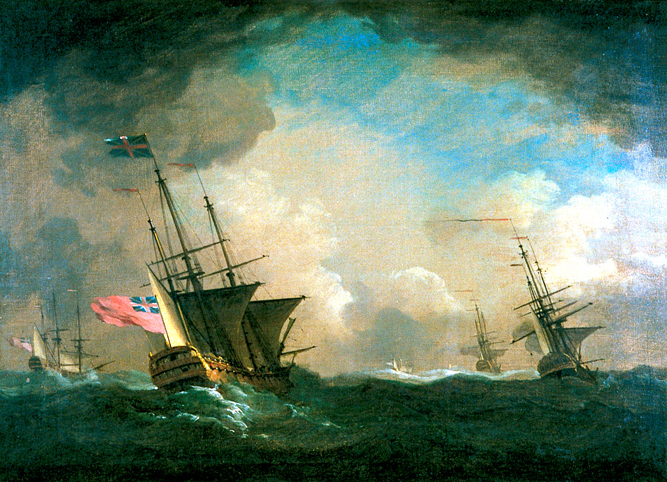 English Men o' War in a Storm, vintage artwork by Charles Brooking, 12x8" (A4) Poster