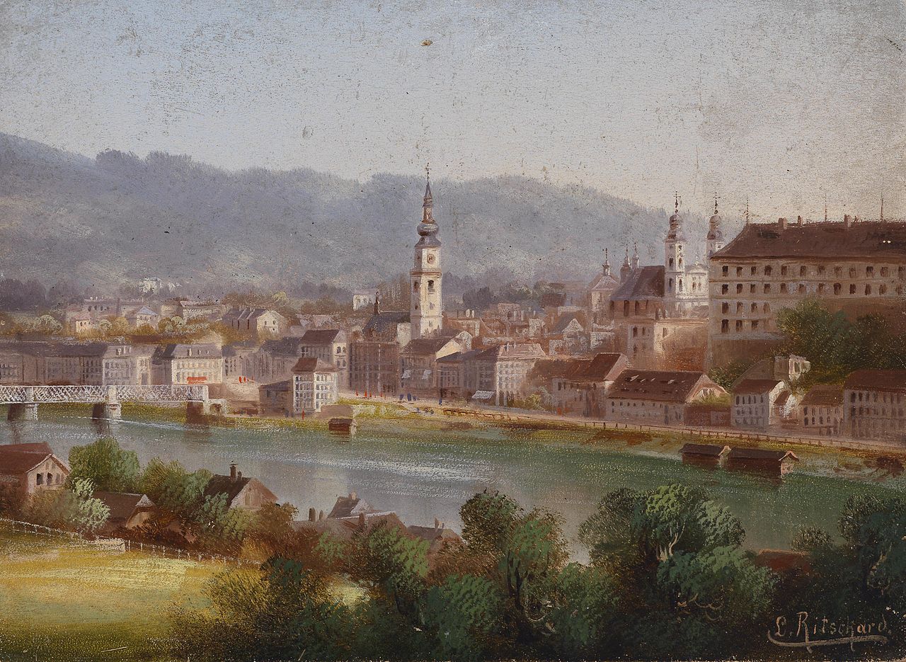 View of Linz, vintage artwork by Hubert Sattler, A3 (16x12") Poster Print