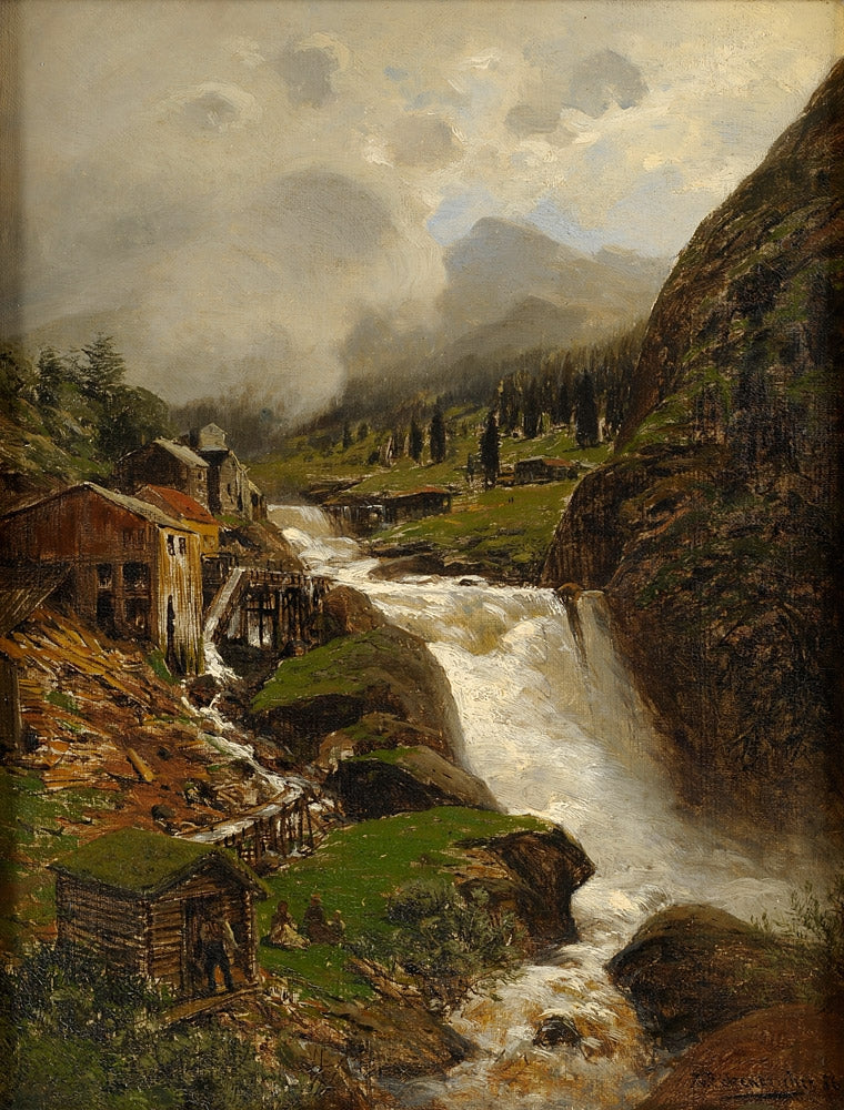 Sawmill by a Waterfall, vintage artwork by Themistolles von Eckenbrecher, 12x8" (A4) Poster