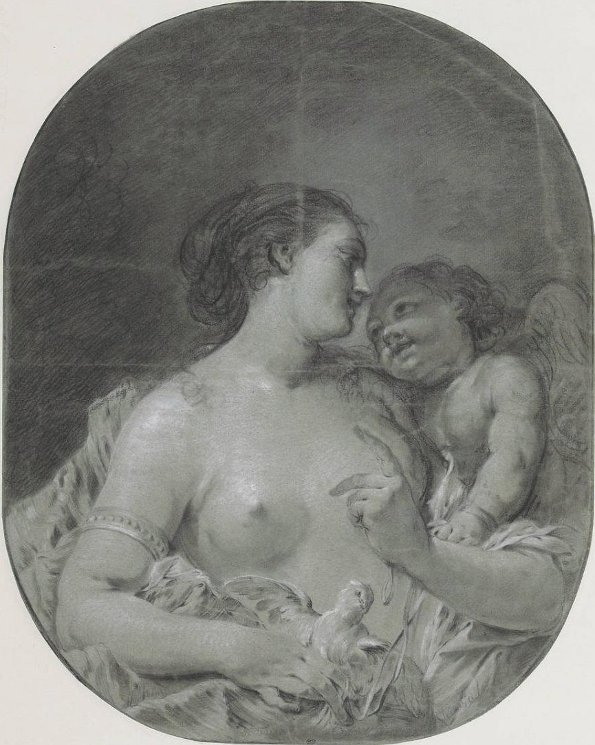Venus, Holding a Sparrow, with Cupid, vintage artwork by Hugues Taraval, 12x8" (A4) Poster