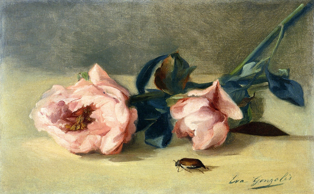 Peonies and June Bug, vintage artwork by Eva Gonzales, 12x8" (A4) Poster