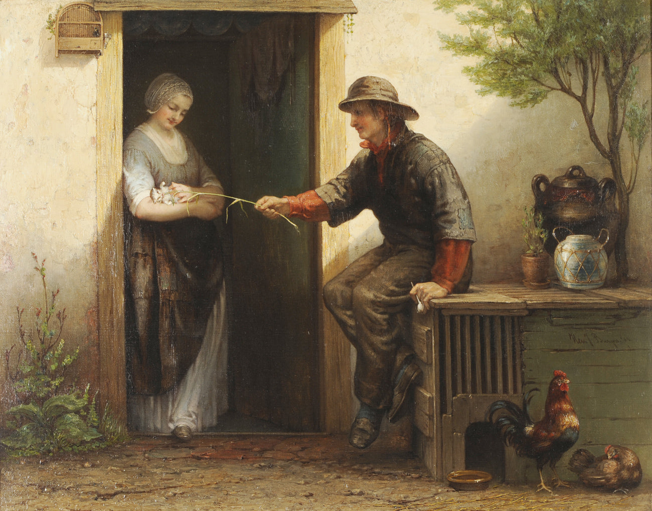 Fisherman teasing a Kitten, vintage artwork by Hendricus-Jacobus Burgers, 12x8" (A4) Poster