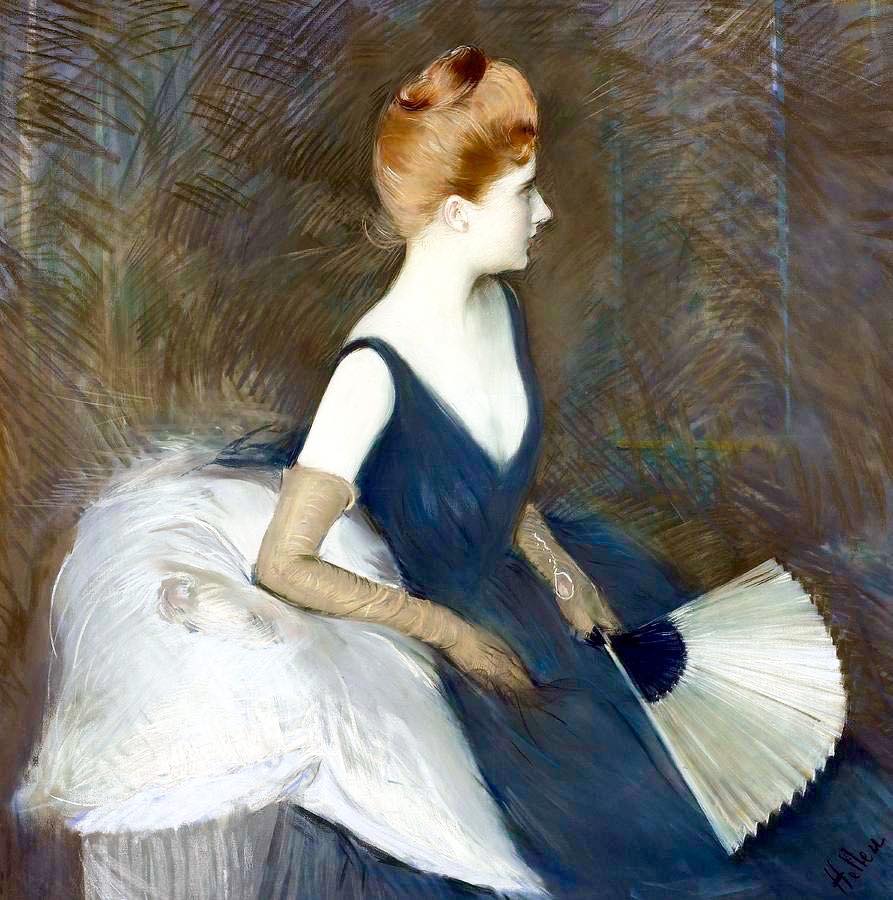ellier sitting on a sofa, holding a fan by Paul Cesar Helleu,A3(16x12")Poster