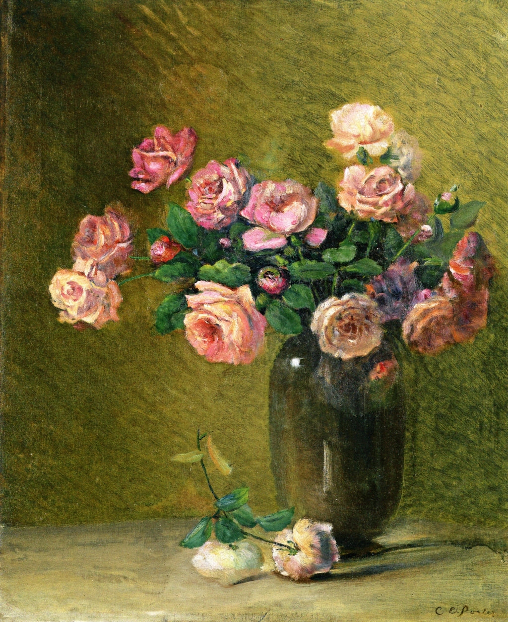 Pink Roses on a Table, vintage artwork by Charles Ethan Porter, 12x8" (A4) Poster