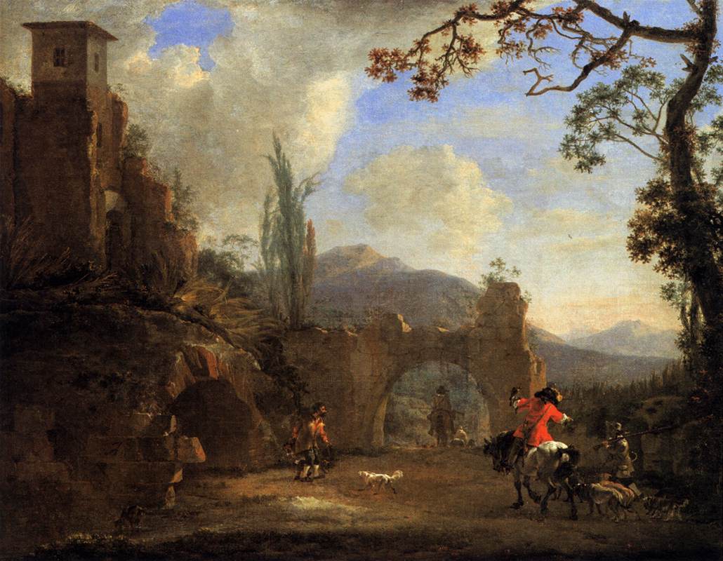 Landscape with Ruins and a Hunting Party, vintage artwork by Jan Asselijn, 12x8" (A4) Poster