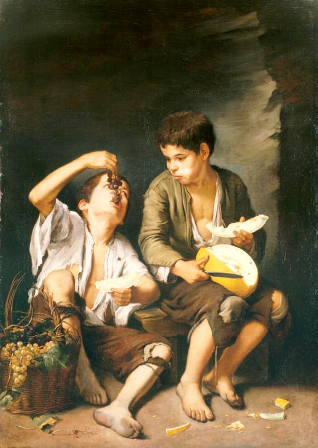 Boys Eating Grapes and Melon, vintage artwork by Bartolome Esteban Murillo, 12x8" (A4) Poster