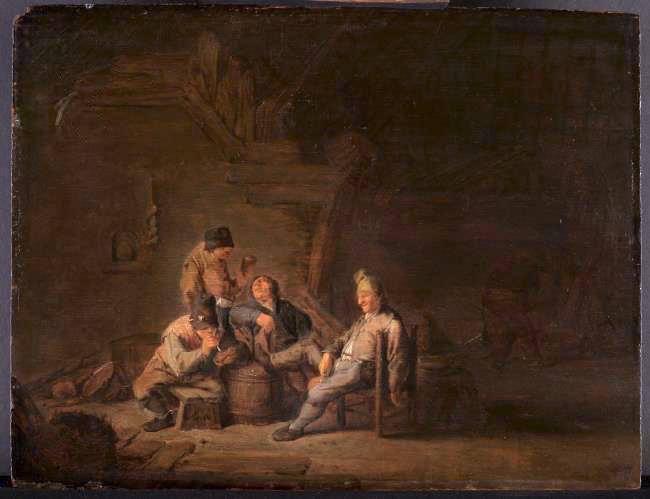 Four Peasants Drinking and Smoking at an Inn, vintage artwork by Adriaen van Ostade, 12x8" (A4) Poster