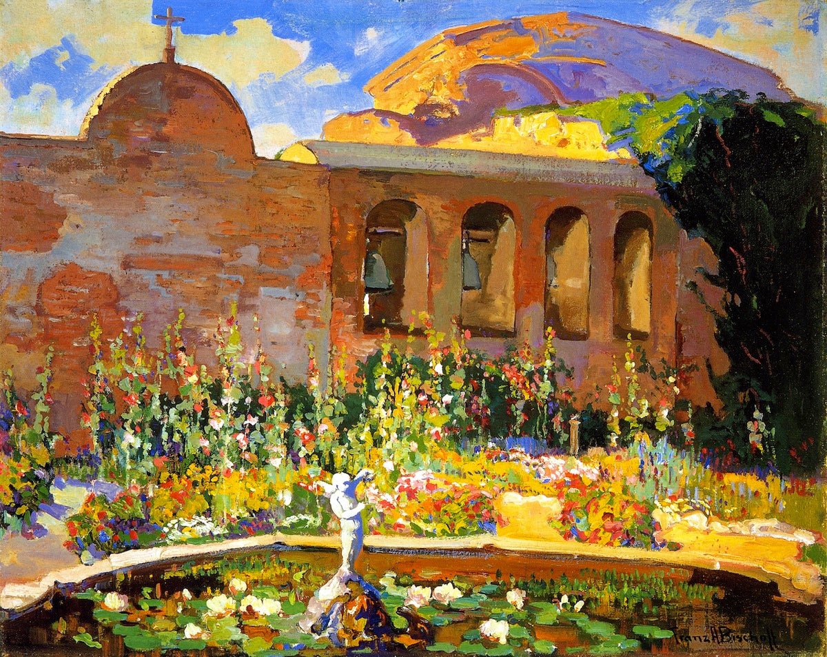 San Juan Capistrano Mission Yard, vintage artwork by Franz Bischoff, 12x8" (A4) Poster