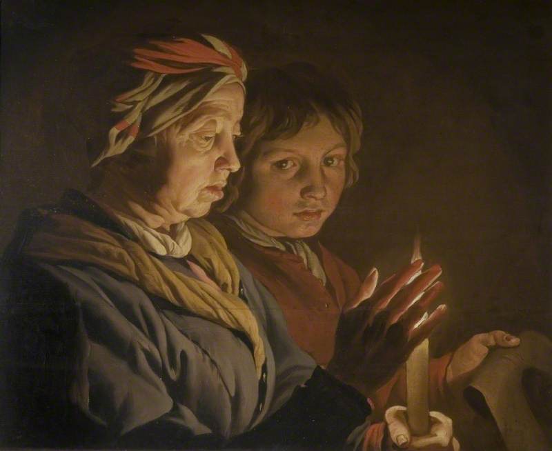 An Old Woman and a Boy by Candelight, vintage artwork by Matthias Stomer, 12x8" (A4) Poster