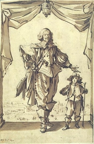 Portrait of Claude Deruet accompanied by his son Henri-Nicolas, vintage artwork by Jacques Callot, 12x8" (A4) Poster