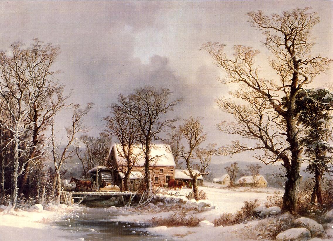 Winter in the Country, The Old Grist Mill, vintage artwork by George Henry Durrie, A3 (16x12") Poster Print