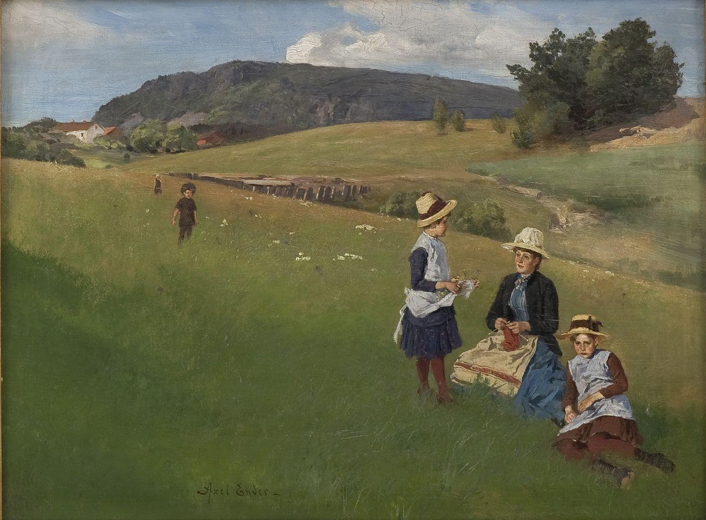 Landscape Scene With Woman And Children, vintage artwork by Axel Hjalmar Ender, 12x8" (A4) Poster