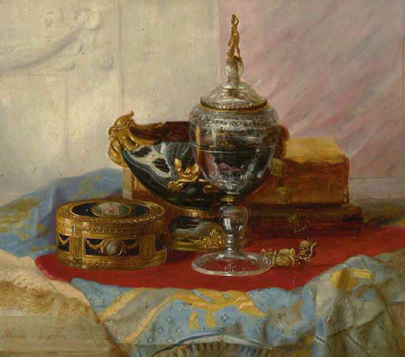 A Still Life with a Lady's Gold Box, a crystal Chalice and Other Objects on a Draped Marble Table, vintage artwork by Blaise Alexandre Desgoffe, 12x8" (A4) Poster