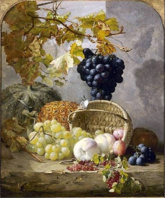 Still life with fruit and an up-turned basket, vintage artwork by Eloise Harriet Stannard, 12x8" (A4) Poster