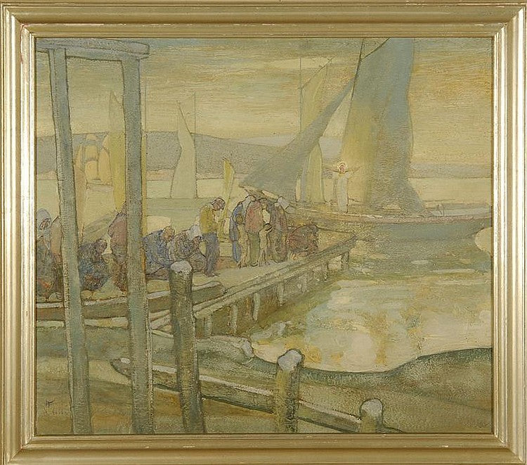 Dock scene, vintage artwork by Richard Edward Miller, 12x8" (A4) Poster