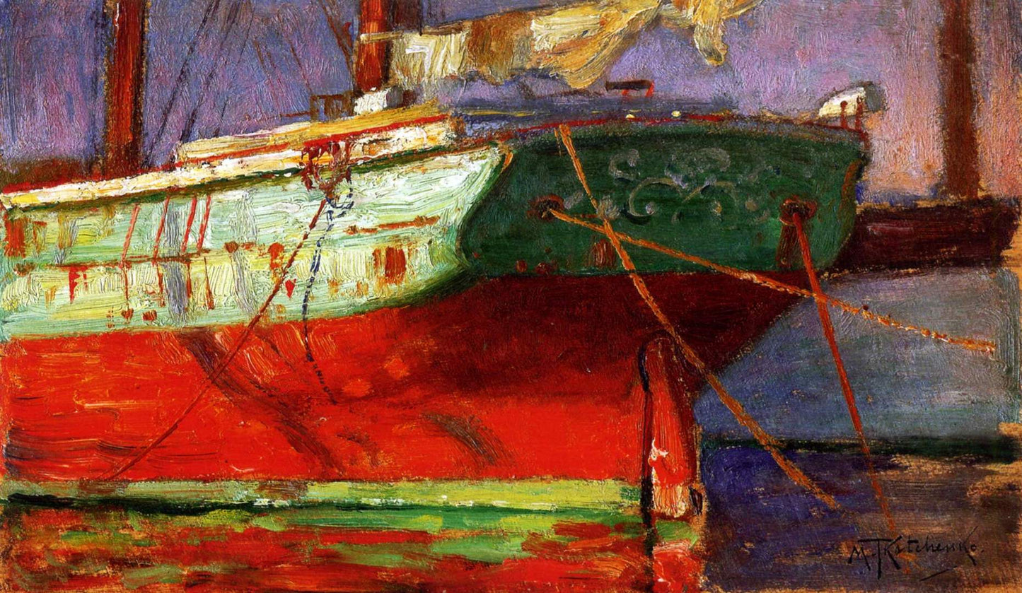 Sailboat at the Pier, vintage artwork by Mikhail Tkachenko, 12x8" (A4) Poster