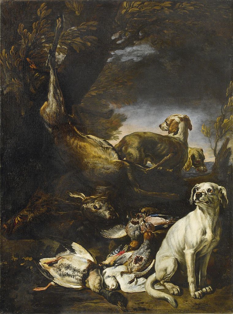 Hunted game are guarded by dogs in a forest landscape, vintage artwork by David de Coninck, 12x8" (A4) Poster