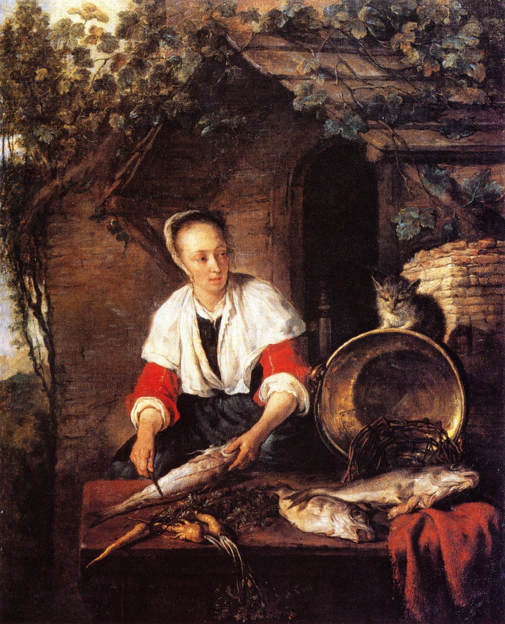 A Woman Cleaning Fish, with a Cat, vintage artwork by Gabriël Metsu, 12x8" (A4) Poster