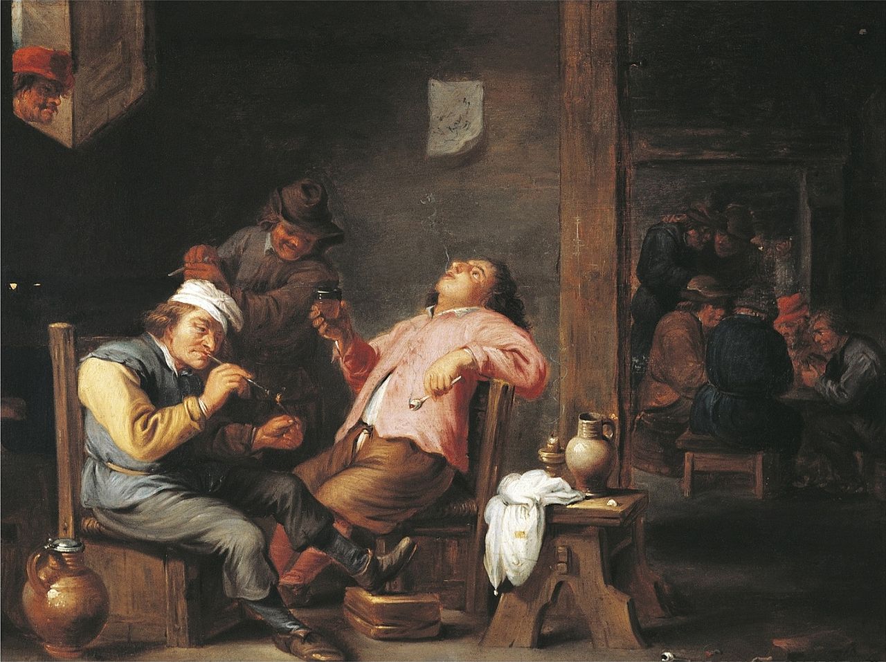 Company drinking and smoking in a pub, vintage artwork by Abraham Teniers, 12x8" (A4) Poster