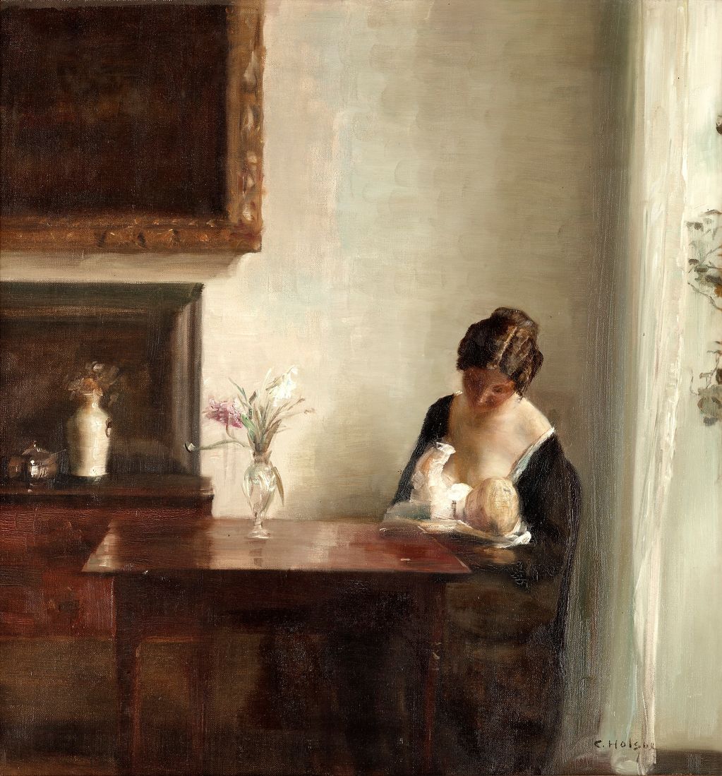 Interior with woman and child, vintage artwork by Carl Vilhelm Holsøe, 12x8" (A4) Poster